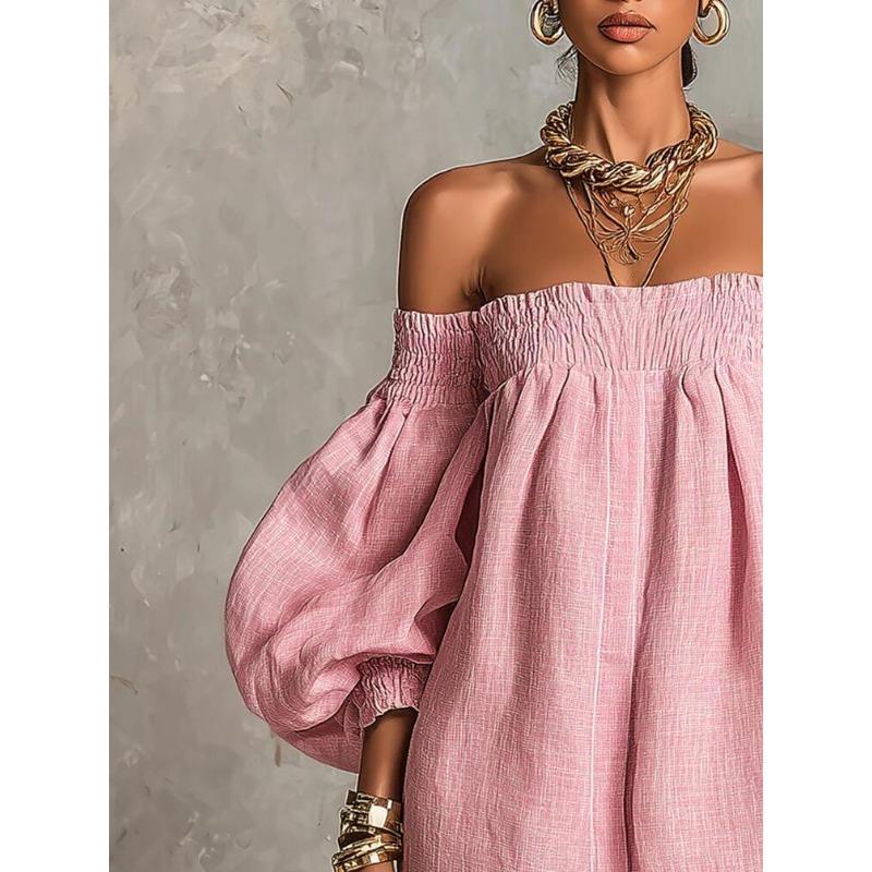 Robe smockée épaules dénudées manches bouffantes lanterne robe d'été ample avec poches latérales lin léger plage élégante fluide robe courte de fête