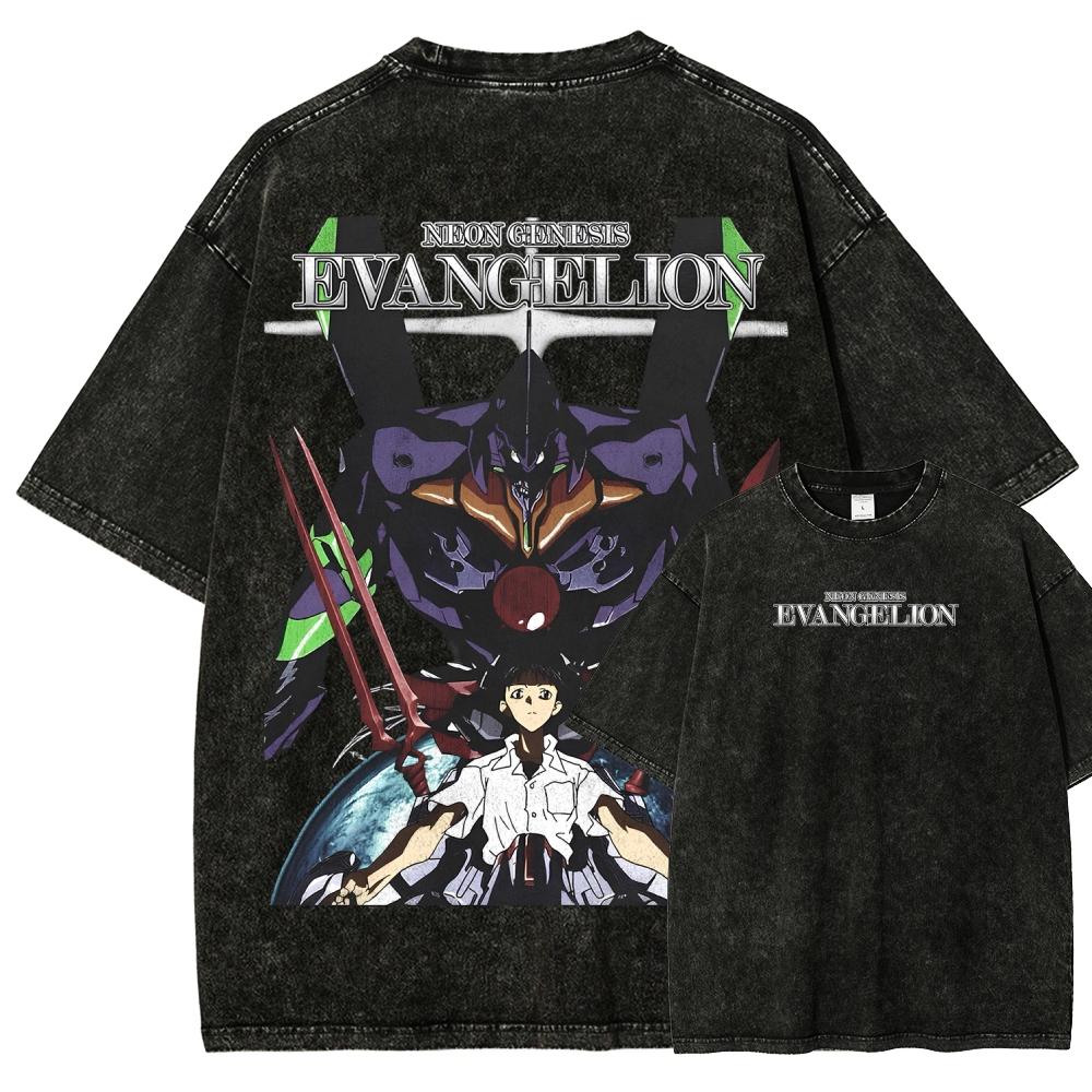 Neon Genesis Evangelion Anime Lover Washed T-shirt Year Round Clothing High Quality Personality Clothes Plus Size Unisex New Model Couples Tee