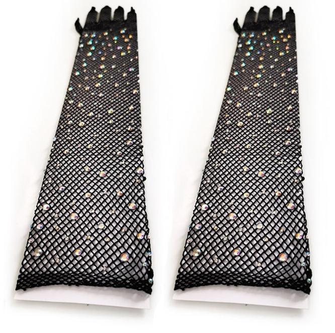 High Elasticity Diamond Studded Fishing Net Gloves,  Pressed And Sexy Nightclub Long Sleeves, Colored Diamonds