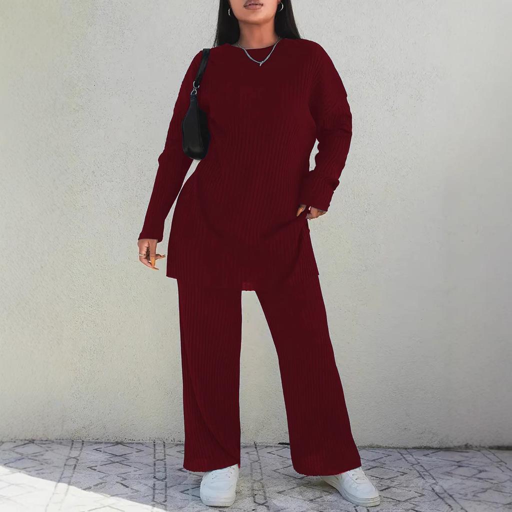 Women Plus Size Ribbed Lounge Set Crew Neck Top Wide Leg Pants 2 Piece Outfit