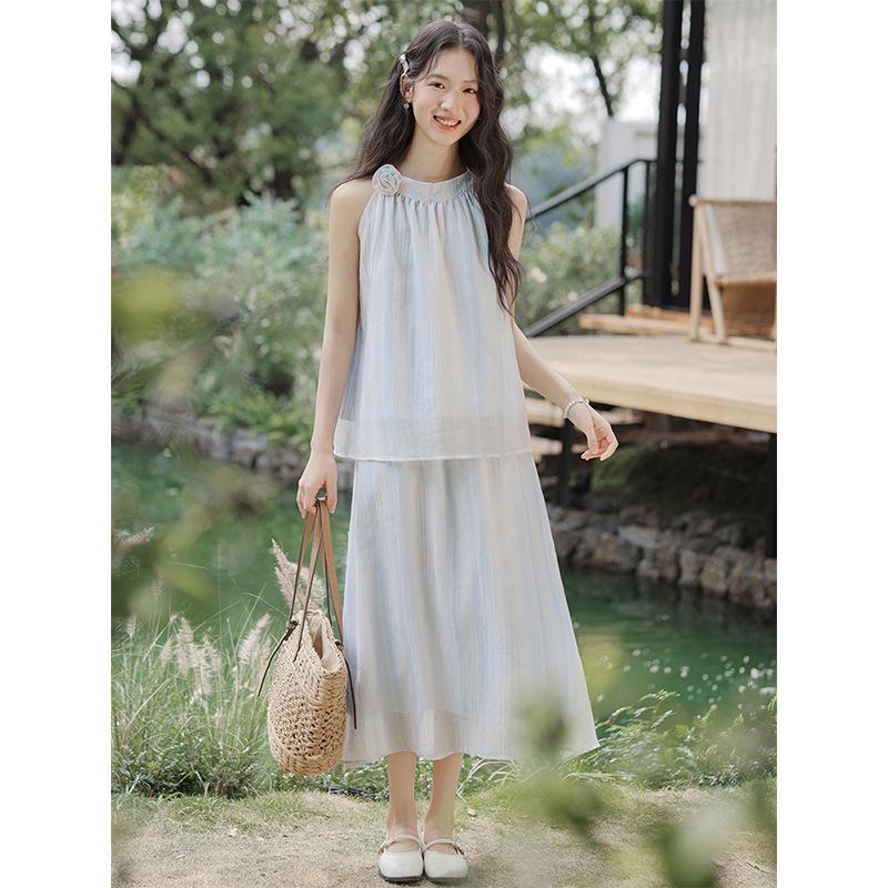 Summer New Sleeveless Neck Top + Medium and Long Skirt Fairy Set Two-piece Set