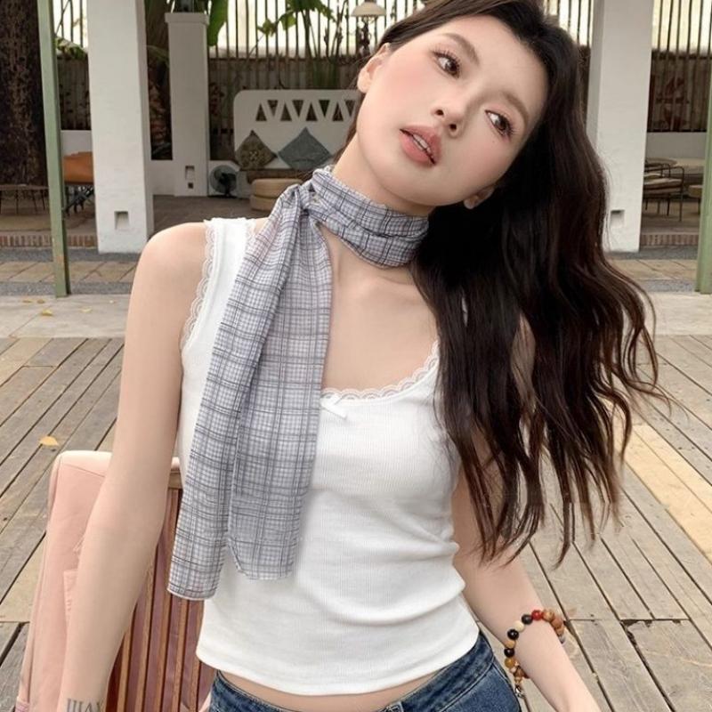 Plaid Long Neck Scarves Summer Polka Dots Korean Summer Long Scarf Light Hair Band Breathable Aesthetic Neck Accessory Gift