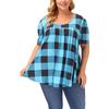 Summer Women's Short Sleeve Blouse Round Neck Loose Plaid Printed Shirt Top