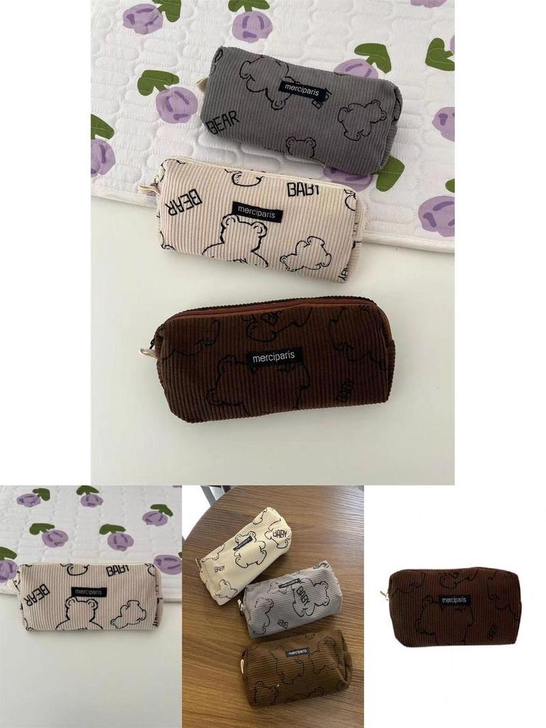 Soft Cotton Bear Print Velvet Canvas Pencil Case Korean Style Large Capacity Stationery Box Pencil Bag Brown