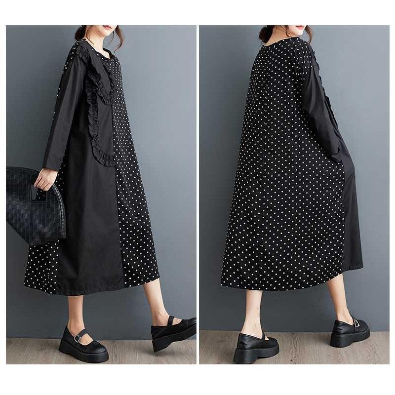 New Polka Dot Splicing Wood Ear Side Long Sleeve Dress Fashion Loose Casual A-Line Dresses