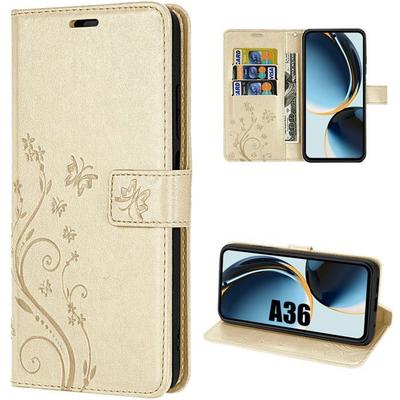 Case for Samsung Galaxy A36 5G - BOOLING - Anti-Scratch Golden Leather Effect Plant Butterfly Pattern