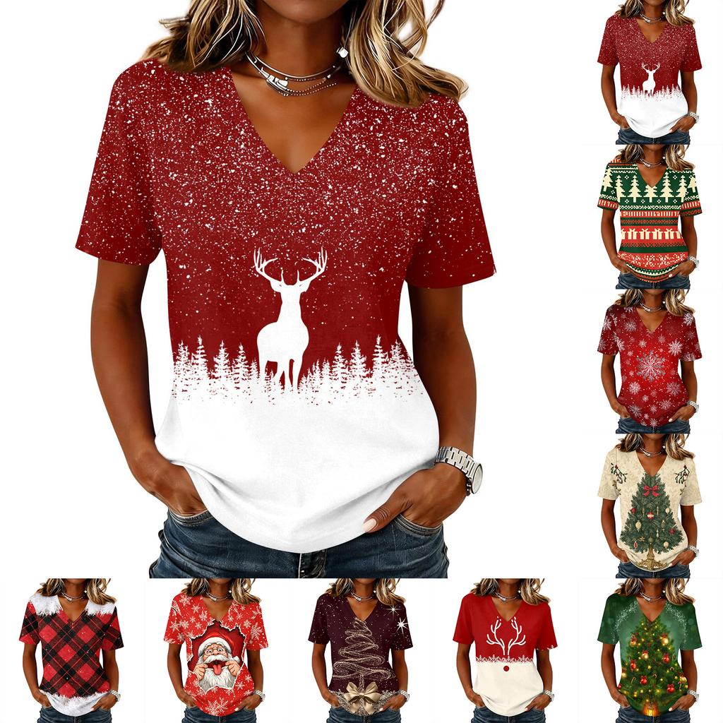Women's Casual Short Sleeve V-Neck Christmas Print Pullover Top