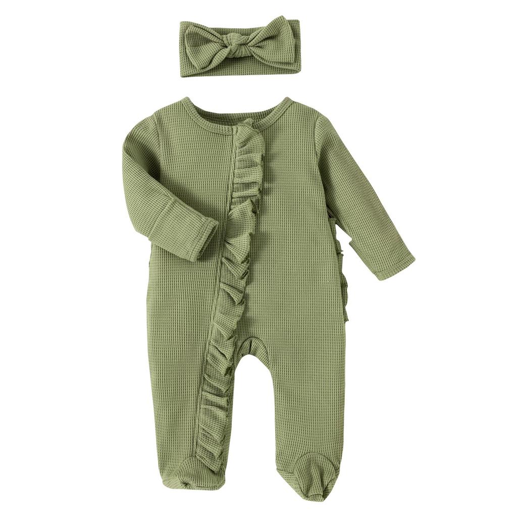 Footies för spädbarnsflickor 3M 6M 12M Enfärgade krusiduller Rundhals Långärmad Baby Jumpsuits Nyfödda Kläder Bodysuits med pannband