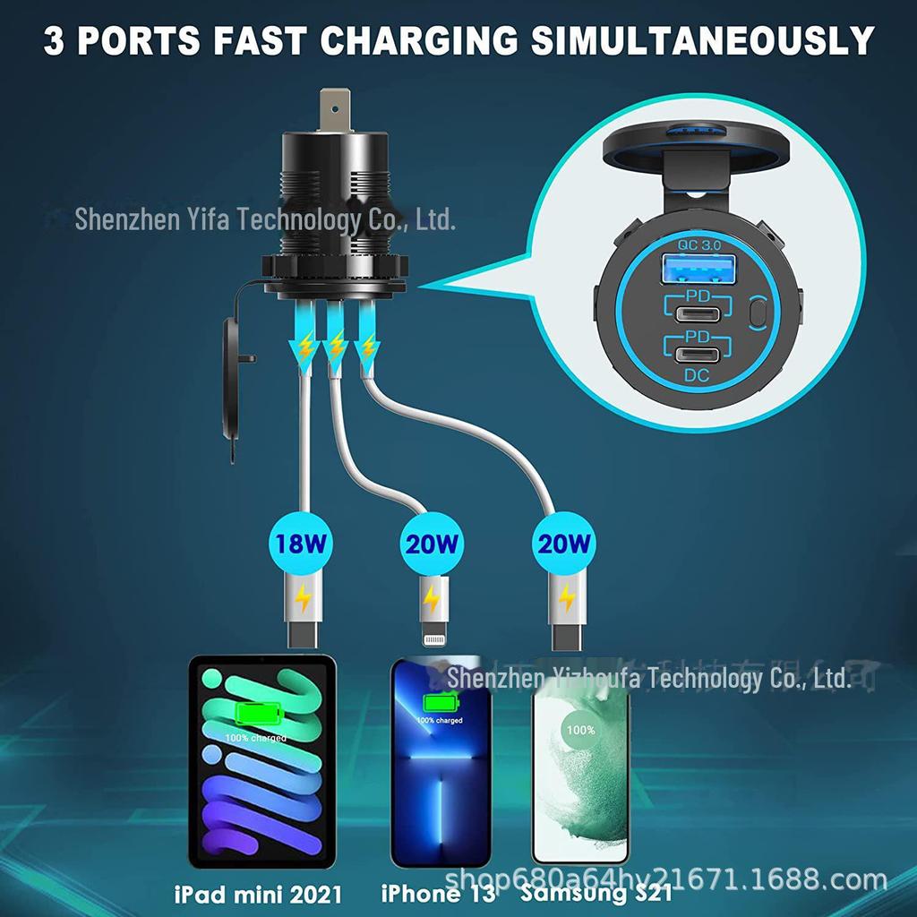 Waterproof Fast-Charging USB & PD Car/Motorcycle Adapter with Switch