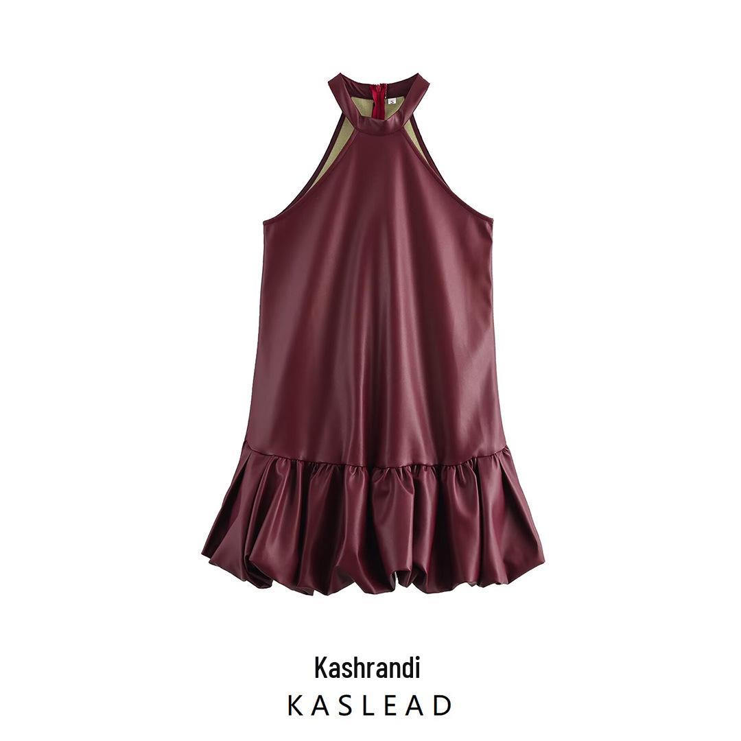 

European & American Style 2025 Spring Women s Sleeveless PU Halter Dress Medium