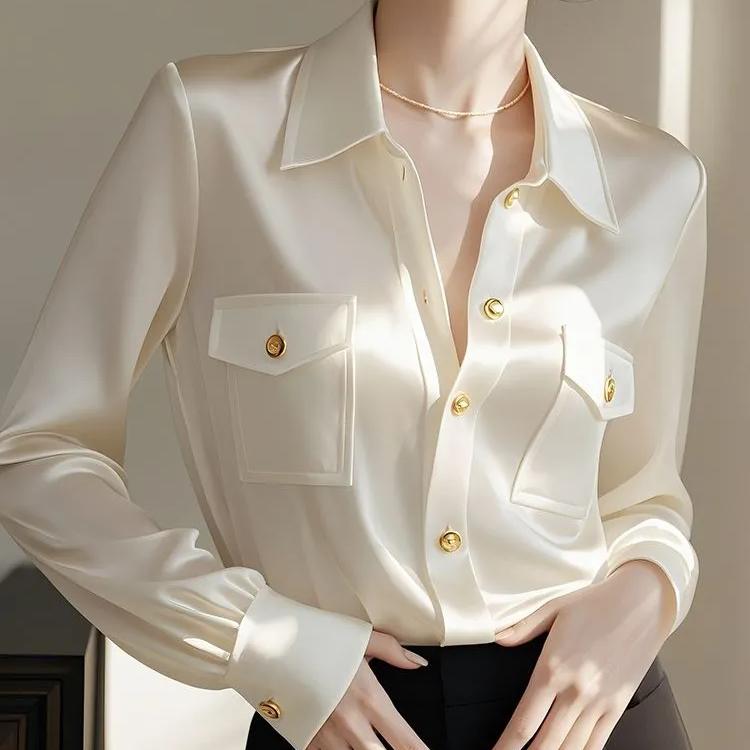 WTEMPO Elegant Polo Collar Solid Color Long Sleeve Soft Shirts Women Niche Design Unique Chic Spring Autumn High-end Buttons Tops