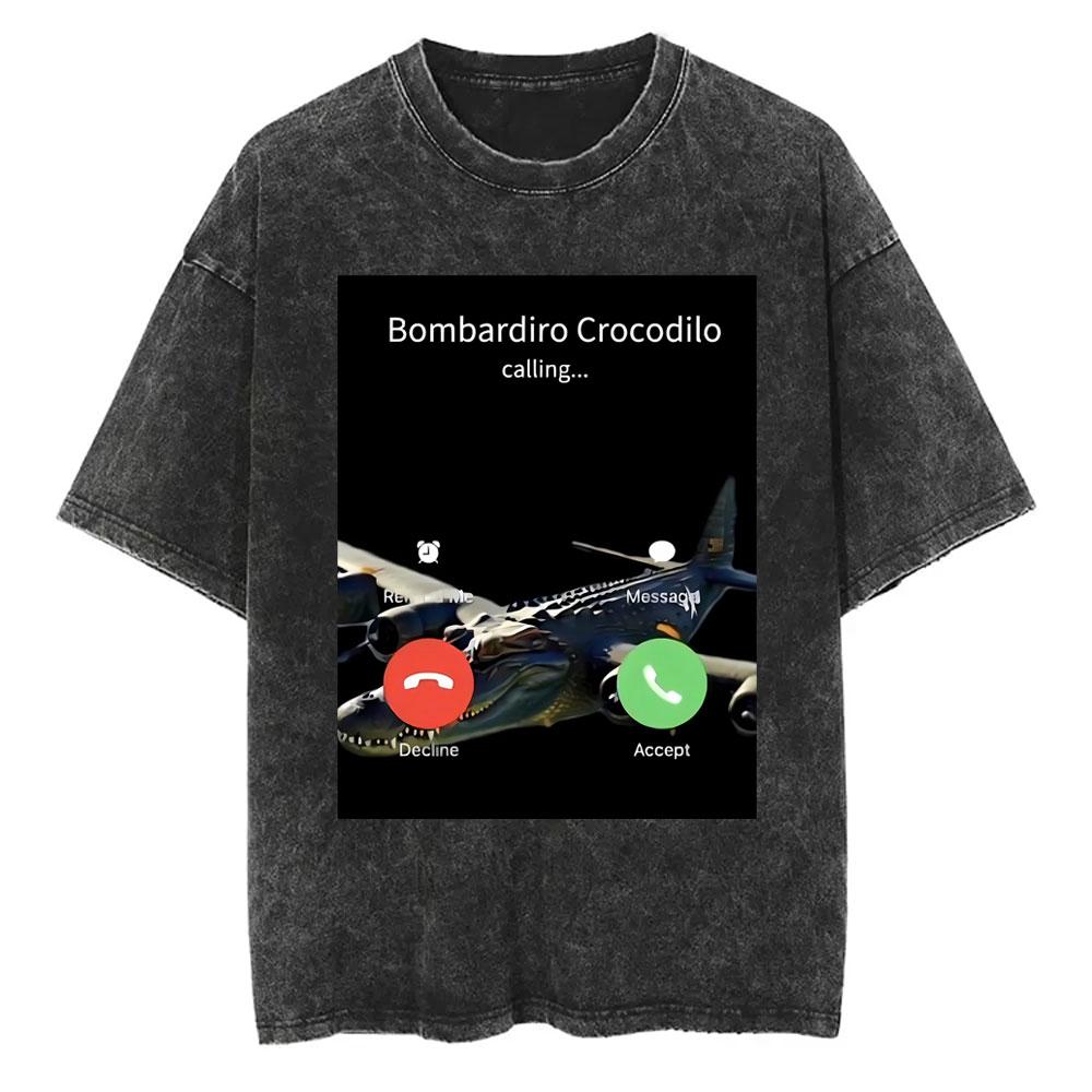 Yk Tshirt Men New In Top Tees Mens TShirt Vintage Washed Bombardiro Crocodilo T Shirt Funny Plane Bomber Crocodile Meme