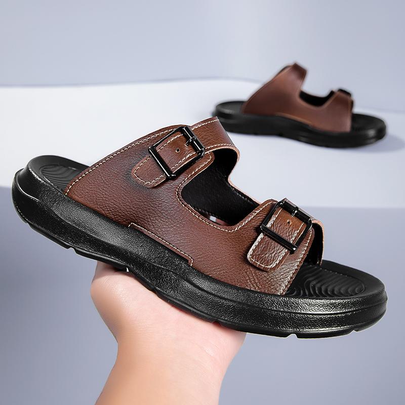 Fashion Premium Mens Leather Slippers Adjustable Buckle Slides Non-Slip Sole Man Wading Aqua Shoes Comfortable Summer Half Drag Slippers