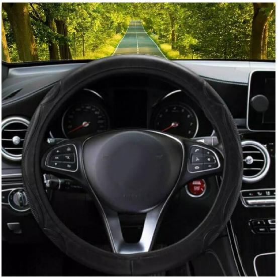 Leather Car Steering Wheel Cover Breathable Anti-Slip 15''/38cm Black Universal