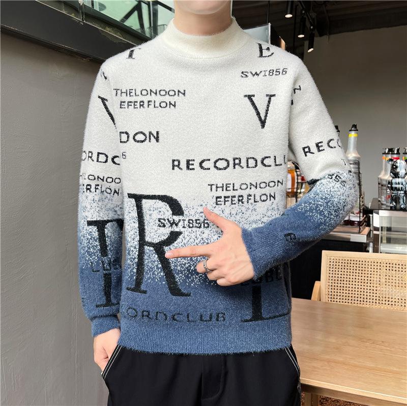 

Свитер мужской мужской с половиной-высоким воротником вязаная нижняя рубашка теплая модная зимняя одежда 3XL синий