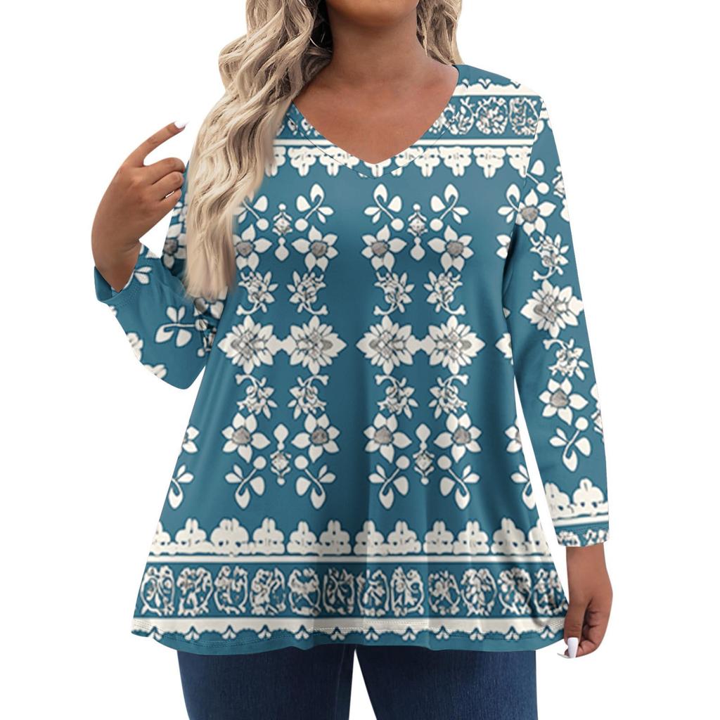 Modisches lässiges Langarm-Oberteil für Damen in Übergröße mit Blumenprint Übergröße Blumenprint-Oberteil