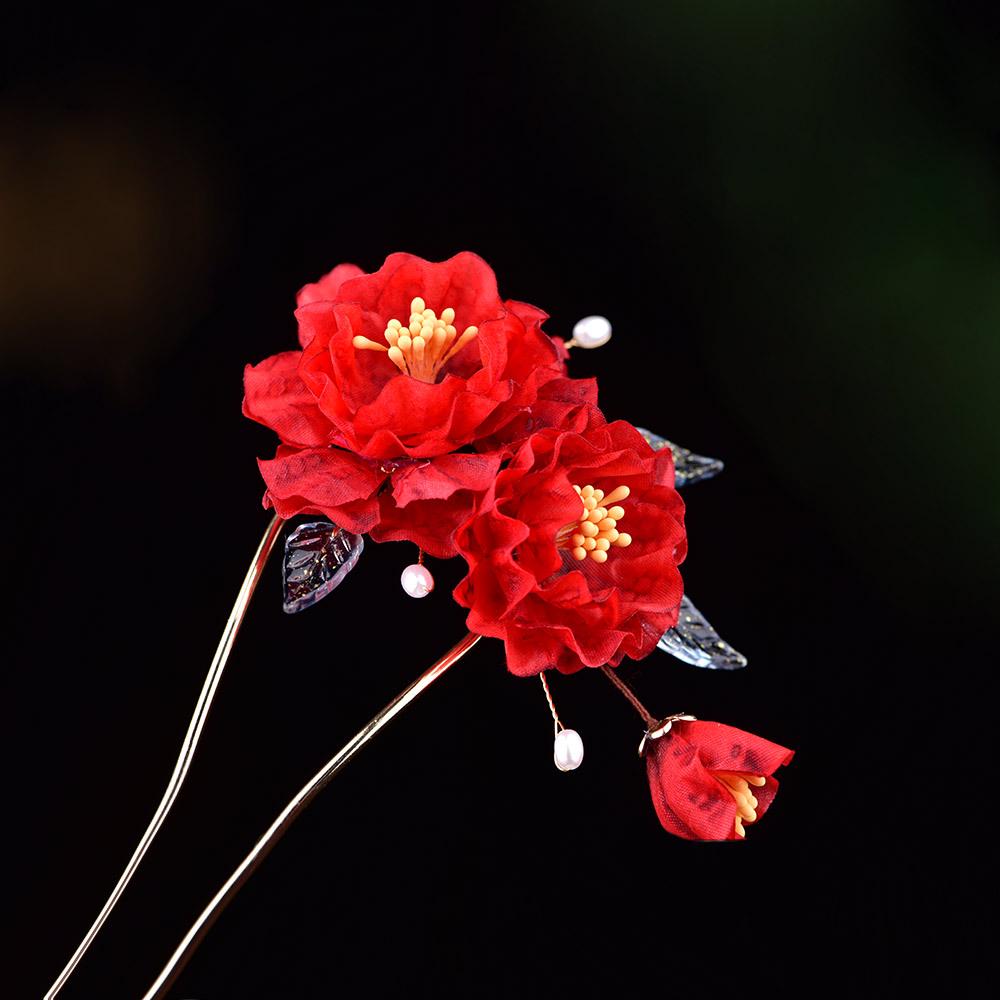Red Silk Flower Ancient Style Hairpin and U-Shaped Pin Hair Accessory for Qipao, Hanfu, or Wedding