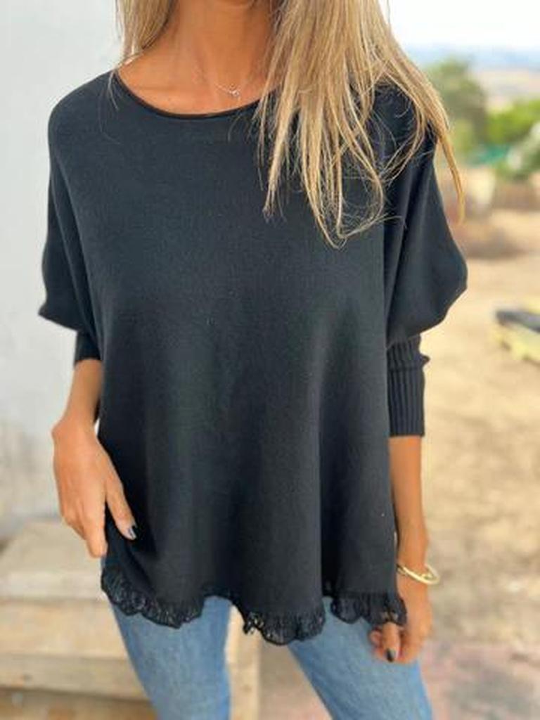 Oversized Long Sleeve Knit Top with Floral Lace Trim for Women - Autumn Winter