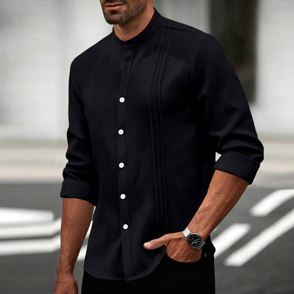 Men's Stand Collar Shirt Cardigan with Trim, Color Long Sleeve Top for Spring and Fall