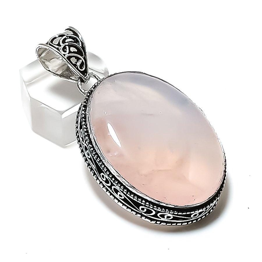 Natural Rose Quartz Gemstone Handmade 925 Sterling Silver Pendant 2.17  ETC-14273