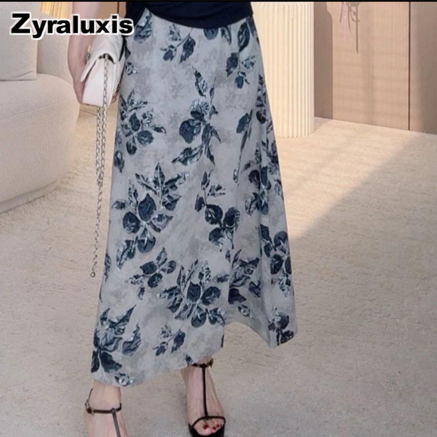 Women s Summer New Fashion Vintage Printed Elegant High Waist Slimming A-Line Skirt S