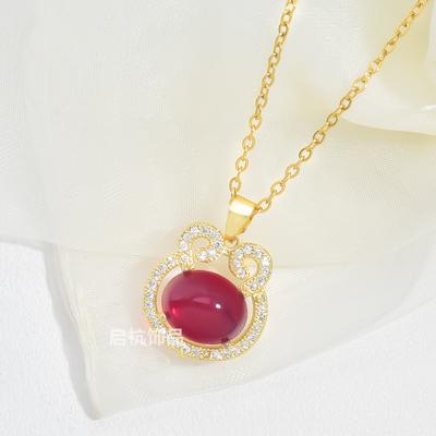 Ruby Safety Lock Necklace Women'S Retro National Tide Simple And Versatile Personality Inlaid Pendant Exquisite Collarbone Chain