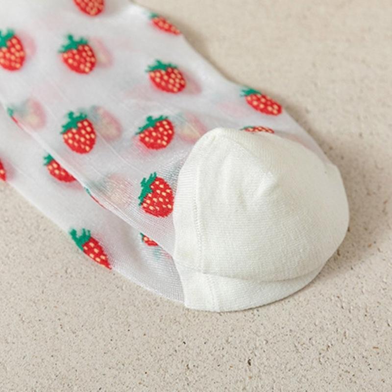 Crystal Glass Silk See Through Long Socks for Women Elegant Sweet Strawberry Pattern Ultrathin Knee Highs Stockings