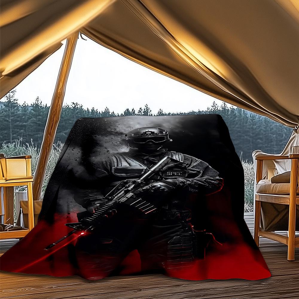 1pc Soldier Print Outdoor Blanket - Soft Flannel Cozy for Travel & Camping - All-Season Warm Bed Cover, Machine Washable yy251229095