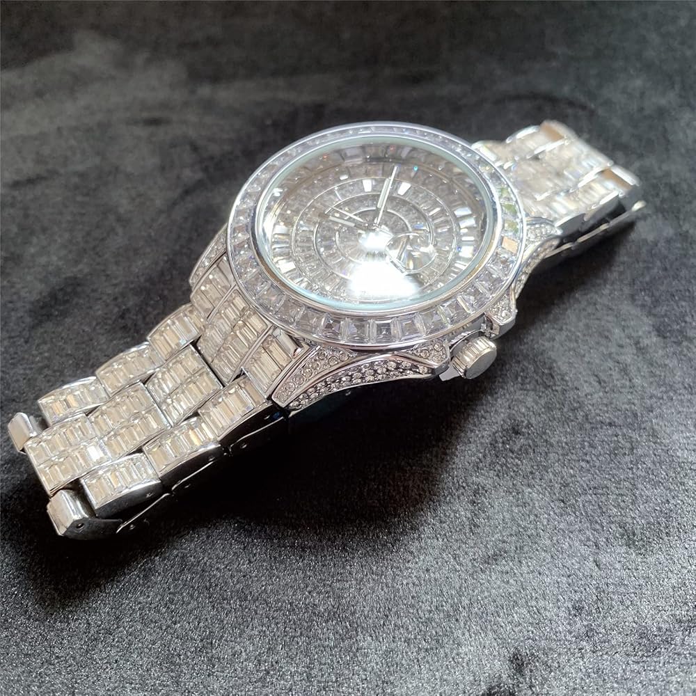 Icediamond Men's 42mm Gold Plated Quartz Watch with Baguette CZ Diamonds, Round Dial, and Zirconia Stones