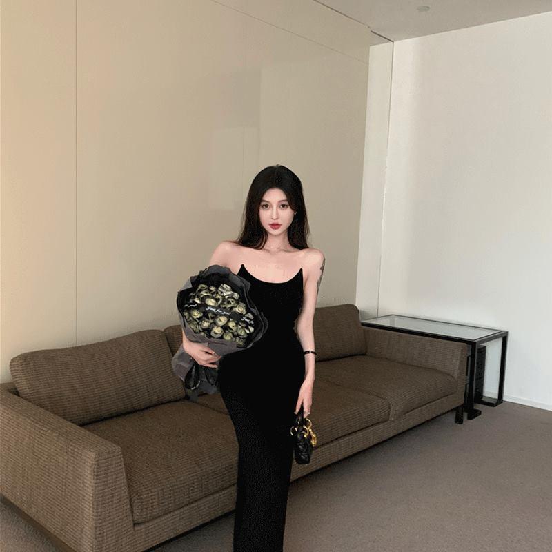 Black Spice Girl Sexy Hip Wrap Suspender Dress Rose Red French Temperament Slim Tight Skinny Waist Long Dress Female Summer