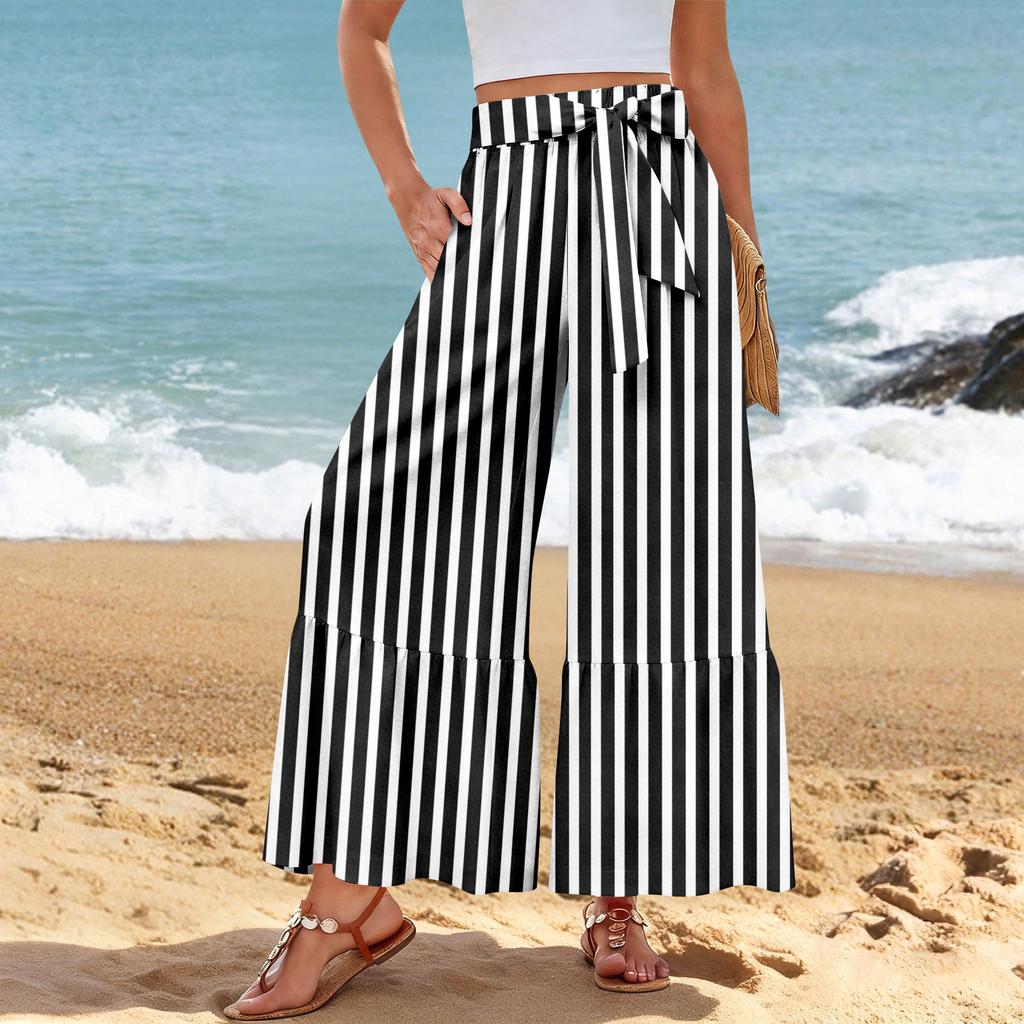 Pantalon décontracté large pour femme, Stretch, Taille haute, Ourlet à volants, Jambes larges, Ceinture, Et poches