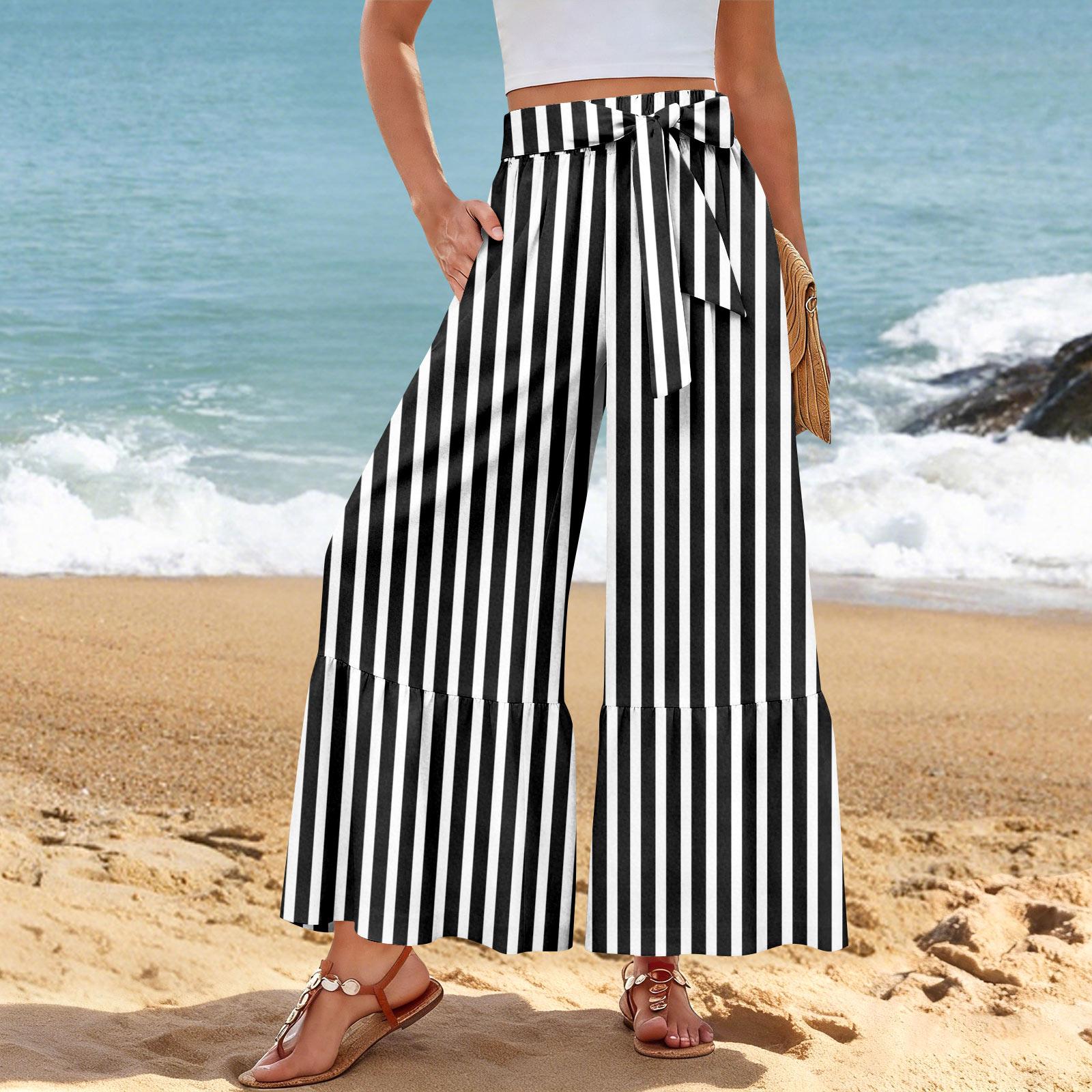 Women s Wide-Leg Casual Pants, Stretch, High Waist, Ruffled Hem, Wide Legs, Belted, And Pockets L