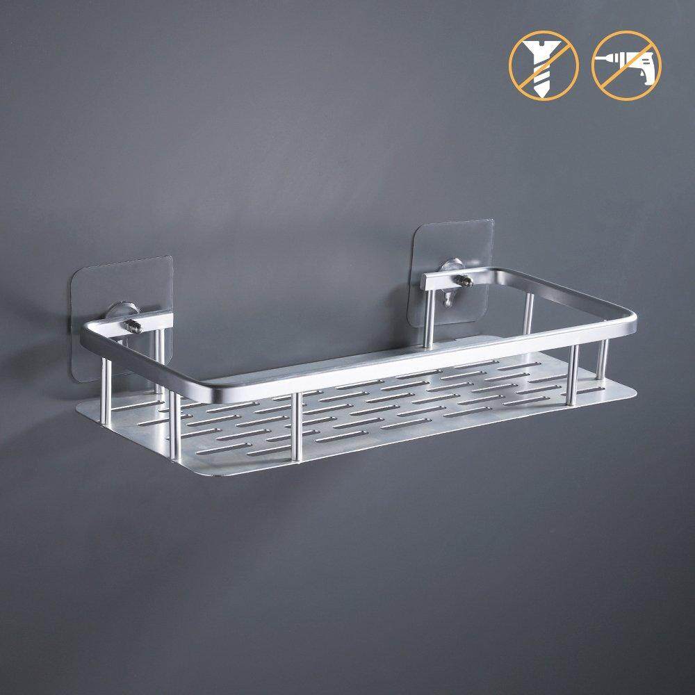 Adhesive Suction Bathroom Shelf No Drill Aluminum Rectangle Wall Mount Shower Caddy Organizer Screw Free Anodized