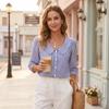 Womens V Neck Striped Blouse with 3/4 Sleeves Button Down Front Relaxed Fit Shirt for Casual or Office Wear