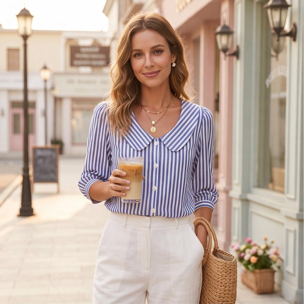 Womens V Neck Striped Blouse with 3/4 Sleeves Button Down Front Relaxed Fit Shirt for Casual or Office Wear
