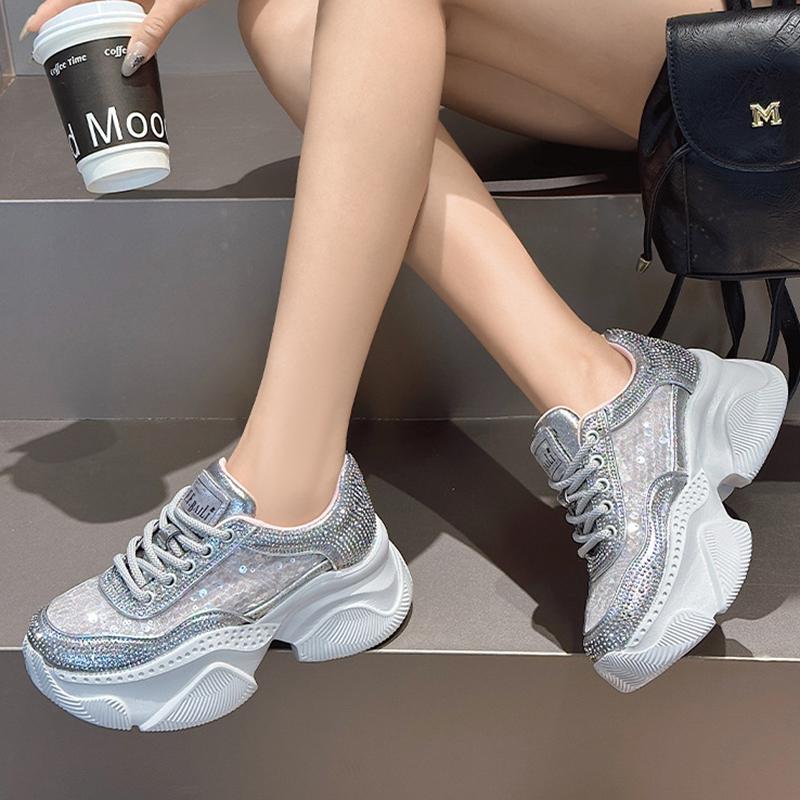Fashion Casual Leather Casual Shoes Rhinestones High Top Sneakers Chunky Sneakers New Women's Designer Punk Shoes Size 35-40