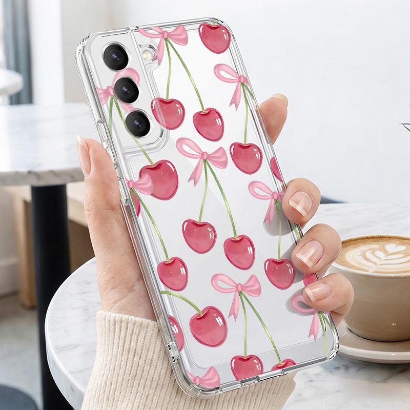 Cherry Bowknots Case For Samsung A57 S26 Ultra A37 A17 A56 A36 A26 A16 A55 A35 A25 A15 A54 5G S21 FE S22 S23 S24 S25 Plus Clear TPU Soft Cover