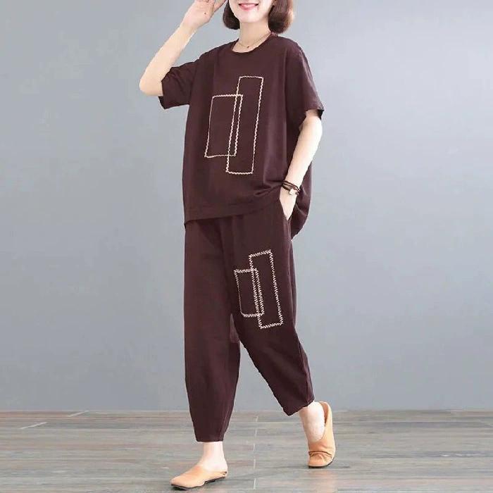 Female Summer Casual Sports Suit Round Neck Loose Short-sleeved Top + Pants Two-piece Set