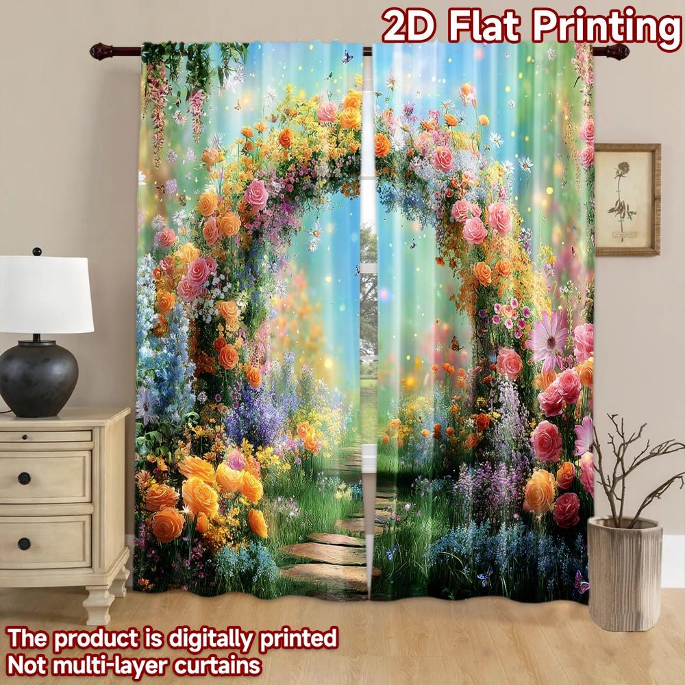 2D flat printing 2pcs Curtain Enchanted Garden Arch Flowers Butterflies Digital Printed Polyester Drapes Family Party for Indoor