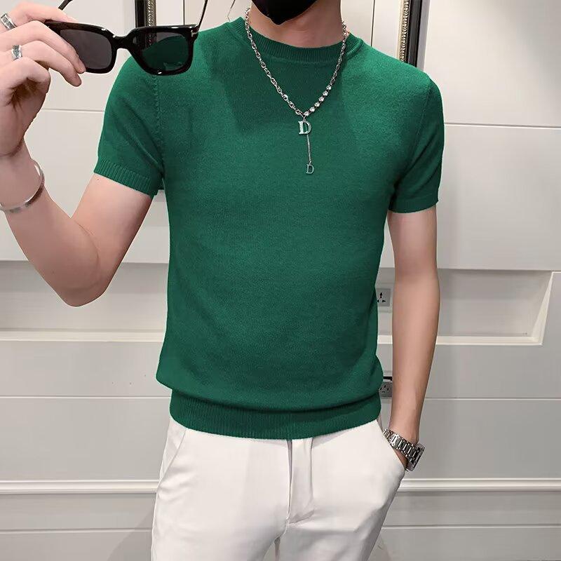 Knitted Sweater T-Shirt Men'S Short-Sleeved Korean Version Slim-Fitting Inside Trendy Knitted Bottoming Shirt Half-Sleeved T