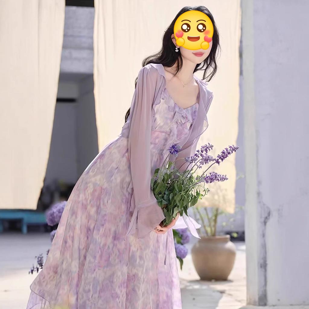 Suspender dress women's summer temperament advanced sense purple unique beautiful suspender skirt with sunscreen cardigan two-piece set