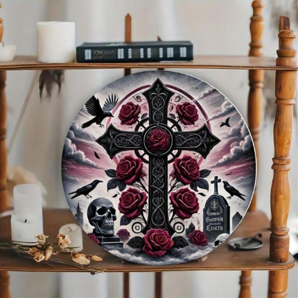 Vintage Gothic Metal Wall Art Tin Sign Halloween Skull Cemetery Decor