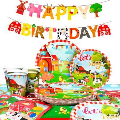 130 pièces Vaisselle Animaux de la Ferme pour Enfants, Décorations d'Anniversaire Ferme Set de Vaisselle - Assiettes, Gobelets, Serviettes, Nappe, Bannière etc.