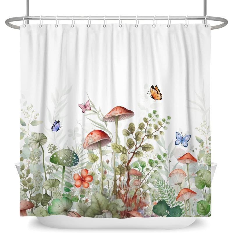Mushroom And Butterfly Shower Curtain Forest Nature Art Bathroom Decor Whimsical Garden Design Waterproof Bath Curtain