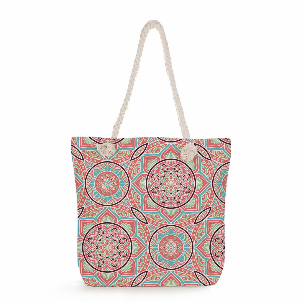 Multifunctional  Flower Printed Thick Rope Shoulder Beach Bag 7588
