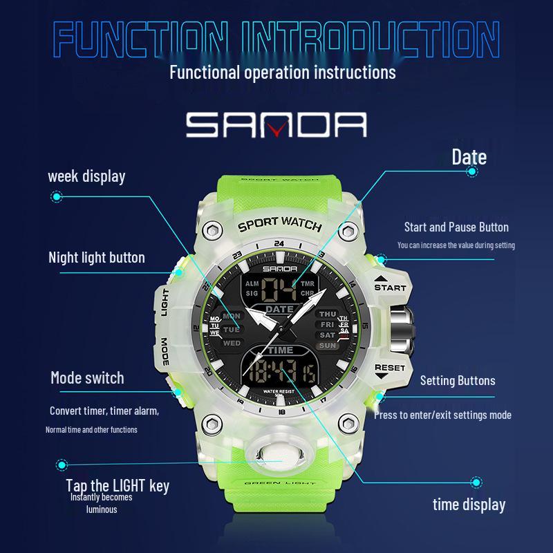 Sanda Multifunctional Waterproof Sports Watch for Outdoor and Student Use with Dual Display and Alarm Clock.