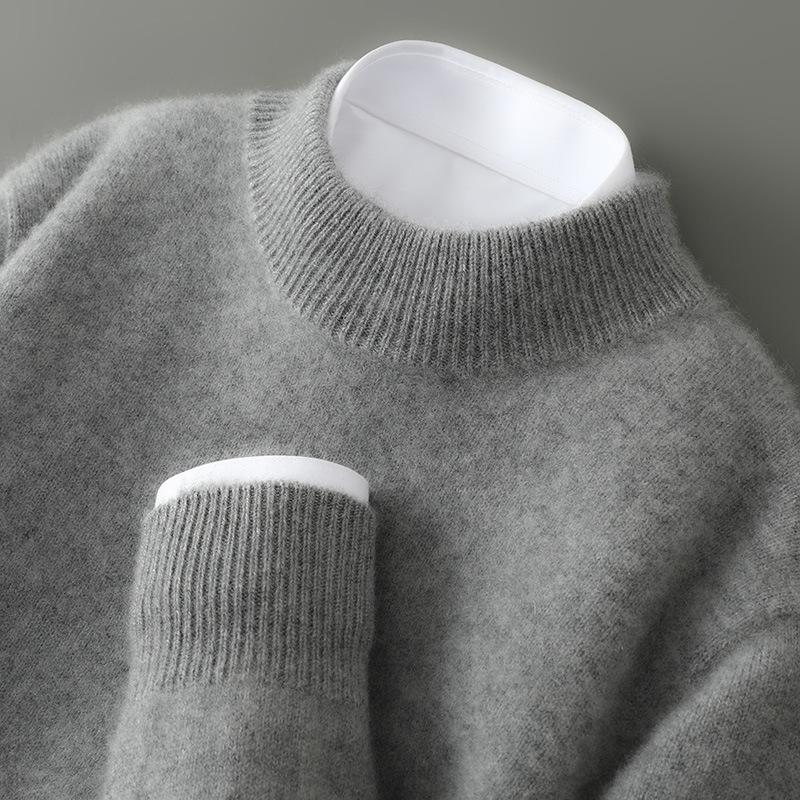Men's 100% Pure Wool Half-High Collar Thick Cashmere Sweater - Autumn/Winter Loose Knit Pullover.