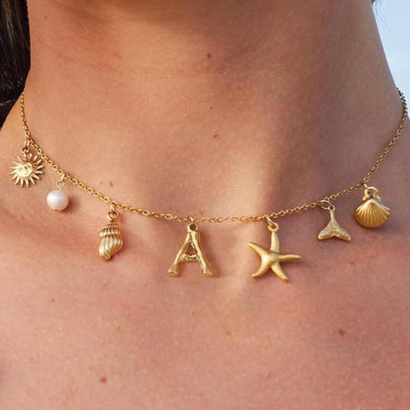 Charm Gold Color A-Z Pendant Alphabet Choker Necklace Women Shell Conch Starfish Initial Letter Necklaces Boho Beach Jewelry