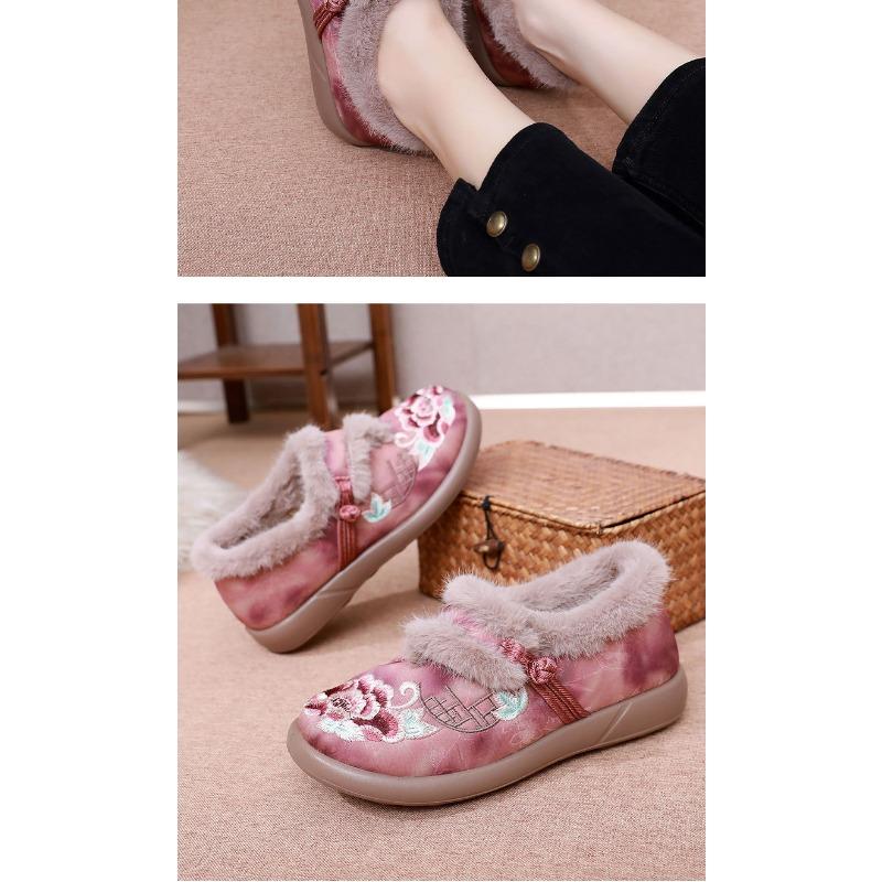 Women's Embroidered Beijing Style Slip-On Shoes, Breathable Low-Cut Comfort Flats with Soft Sole, Warm Traditional Cloth Shoes for Women