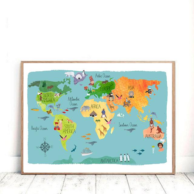 Mappa del mondo dei cartoni animati Pittura su tela Decorazioni per la camera dei bambini Poster e stampe Decorazioni per l'aula Immagini di arte della parete Decorazioni per la casa